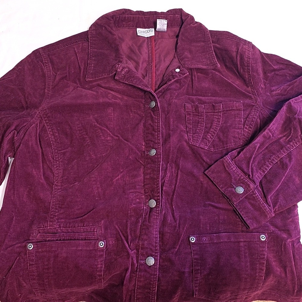Chicos Corduroy Jacket Women sz 3 US XL Burgundy Button Front Utility Chore Coat